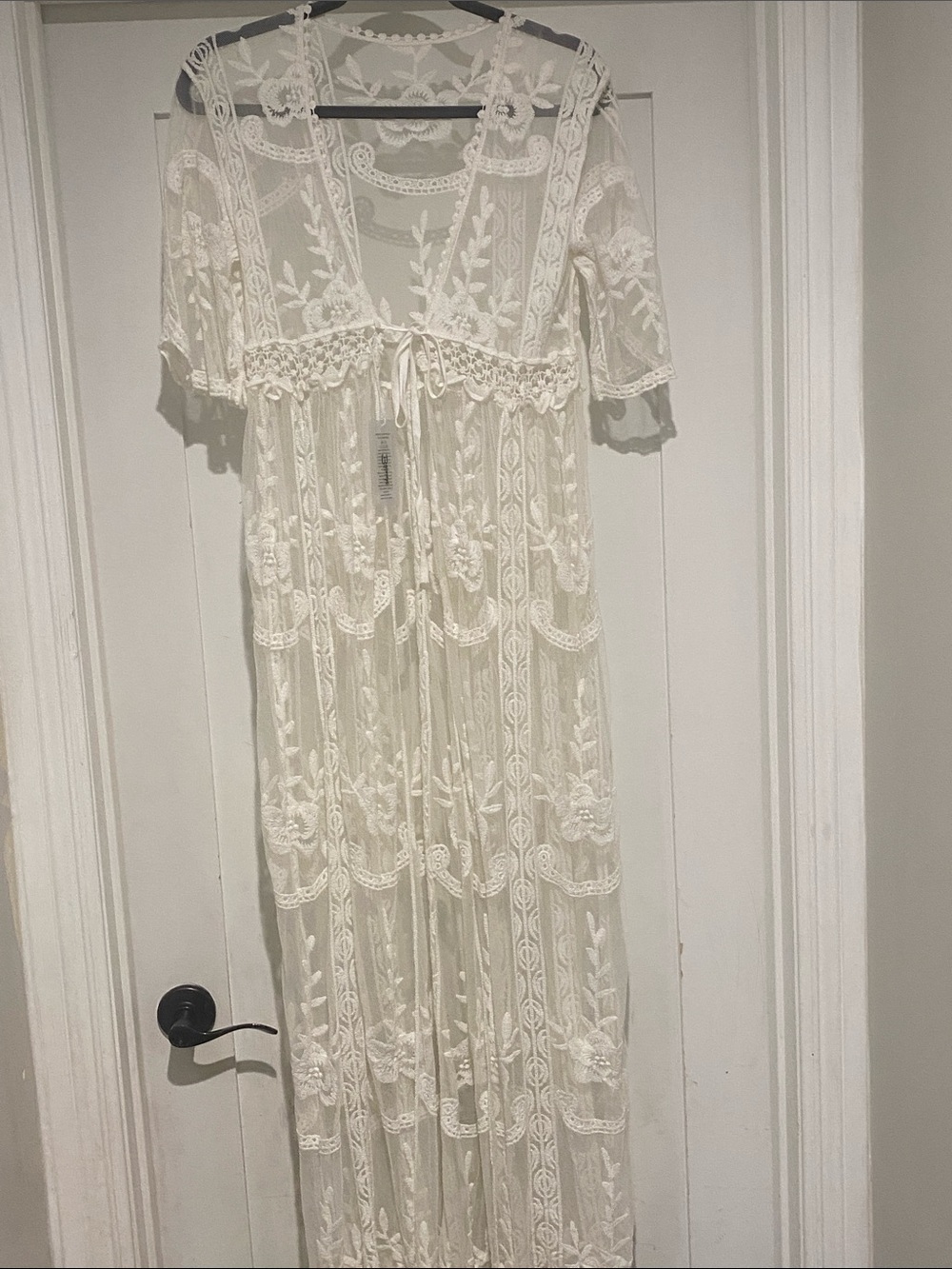 Sheer Lace Embroidered Maxi Robe - Cream
